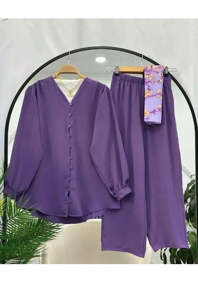 Lovie Moda Kadın Ayrobin Mini Düğmeli Takım Mor