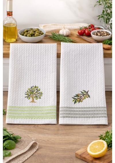 3 Lü Nakışlı Waffle Mutfak Havlusu 50x70 Cm Süper Emici & Yumuşak Beyaz - Yeşil
