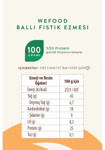 Wefood Şekersiz Ham Ballı Fıstık Ezmesi 300 gr (Fıstık Parçacıklı).