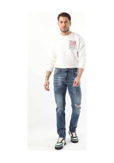 Erkek Dizi Yırtık Boyalı Jean Pantolon Mavi 001