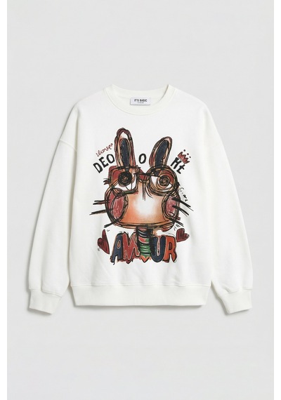 Kadın Beyaz W5 Oversize Baskılı %100 Koton Organik Kumaş Sweatshirt