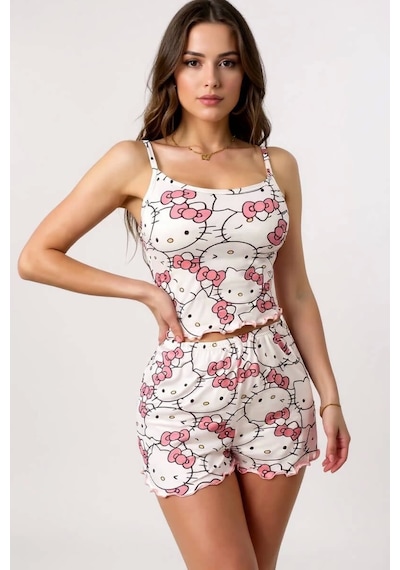 Cojans Hello Kitty Baskılı Askılı Şortlu Pijama Çok Renkli
