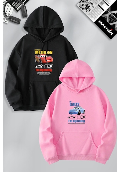 Macklin Sevgili Çift Kombin Mcqueen Ve Sally Ön Baskılı Özel Tasarım Kapüşonlu Sweatshirt 2li Set Takım Siyah Pembe Mck1106 Çok Renkli