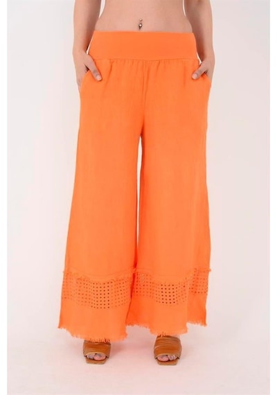 Eren Style İtalyan Fisto Paça Detaylı Keten Pantolon-9893 Oranj