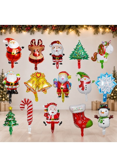 Vıp 25 Adet Yılbaşı Mini Folyo Balon Seti Noel Baba Çam Ağacı Kardan Adam Baston 15 Farklı Model Var