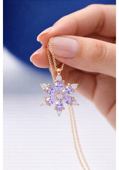 Çekirdekjewelry 925 Ayar Gümüş Lila Taşlı Kamelya Çiçeği Kolye Sarı Lila