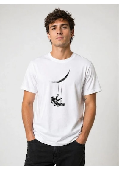 Veraura Lifestyle Erkek Astronot Ay Temalı Tişört Kısa Kol Yazlık Bisiklet Yaka T-shirt - Beyaz