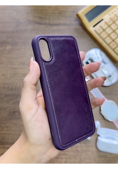 Apple iPhone X Uyumlu Premium Deri Dokulu Darbelere Karşı Dayanıklı Nazal Silikon Kılıf Mor