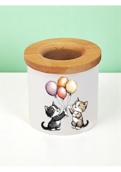Balonlu Kedi Baskılı 3'lü Seramik Masaüstü Kalemlik Kalem Kutusu Beyaz