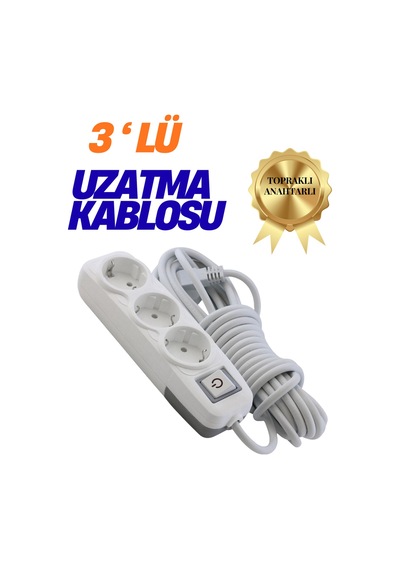 Klc 3'lü Grup Priz 7 Metre Anahtarlı Topraklı Çocuk Korumalı Uzatma Kablosu Seyyar Kablo 3lü Priz Beyaz 6 - 8 M
