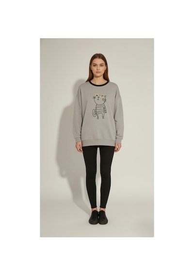 The Kadın Kedi Nakışlı Sweatshirt Rahat Kalıp 3 İplik Şardonsuz, Siyah & Gri Melanj Gri Melanj The Kadın Kedi Nakışlı Sweatshirt Rahat Kalıp 3 İplik Şardonsuz, Siyah & Gri Melanj Gri Melanj