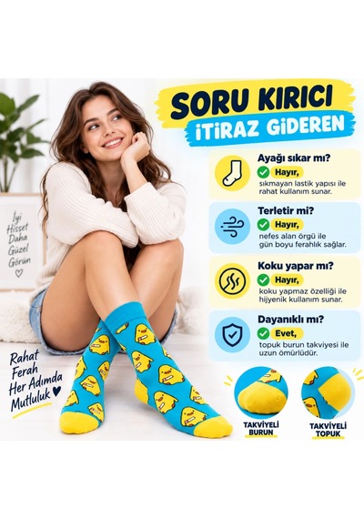 S'82 Renkli Civciv Desenli Unisex Çorap 3'lü Set Yumuşak, Esnek, Konforlu Ve Günlük Kullanıma Uygun sari