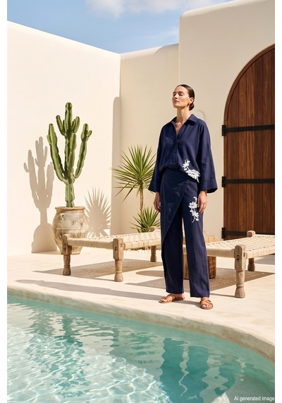 Missemramiss Linen Nakışlı Keten Takım 5211 Lacivert