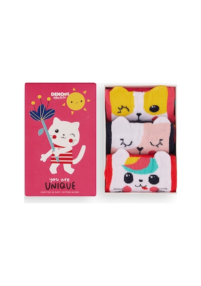 Denokids Kız Çocuk Kedi Desenli Pamuklu Çok Renkli 3'lü Paket Çorap 4-9 Yaş