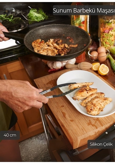 Sunum Maşası Barbekü Maşası Mangal Maşa Silikon Salata Maşası Siyah 40 Cm Gri Siyah