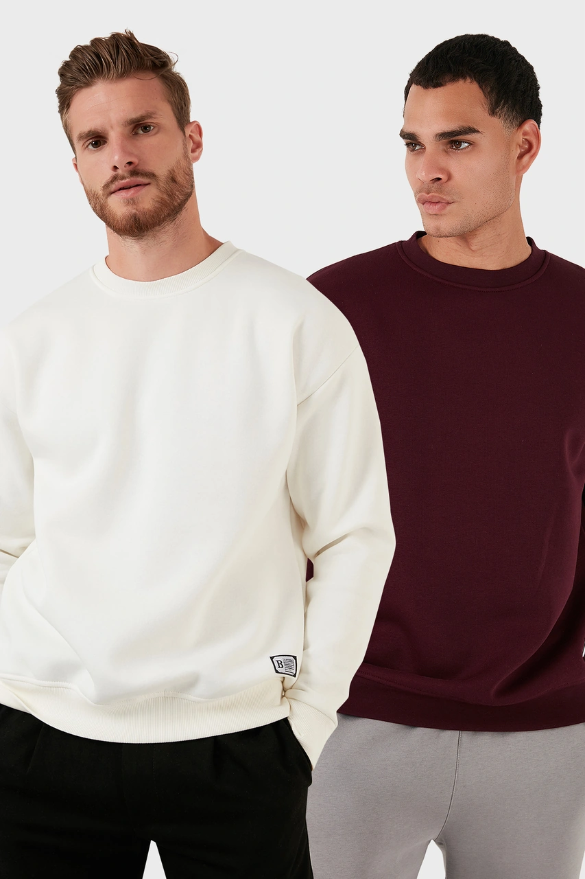 Buratti Regular Fit Bisiklet Yaka Şardonlu 2'Li Paket Erkek Sweat 5905255S2 Ekru-Vişne