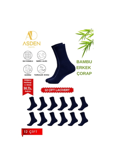 Asden Bambu Erkek Beyaz Soket Çorap 12'li Paket, Burun Dikişsiz, Yıkamalı 12 Çift Lacivert