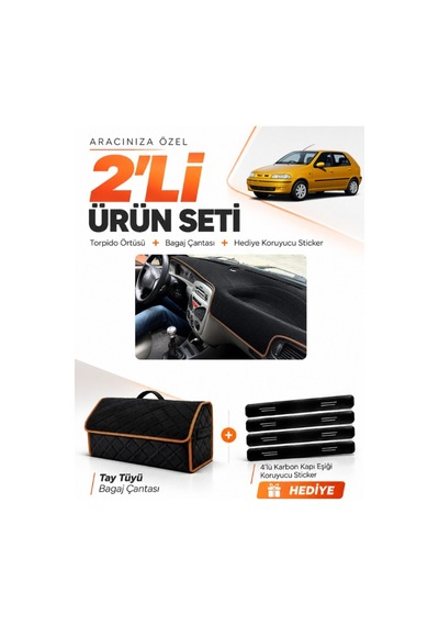 Fıat Palio 1999-2005 Uyumlu Torpido Örtüsü + Tay Tüyü Bagaj Çantası + Sticker - Siyah Kahverengi