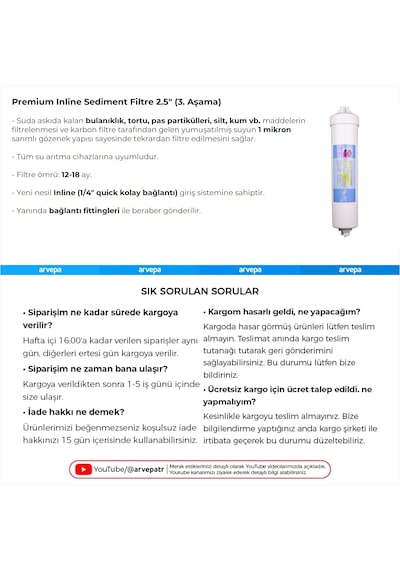 Su Arıtma Cihazı Premium Inline Aşama 3 Sediment Filtre 25 Adet