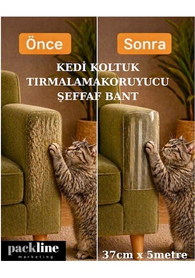 Packline Marketing Kedi Koltuk Tırmalama Koruyucu Şeffaf Yapışkanlı Mobilya Tırmalama Önleyici Bandı 37cm X 5metre