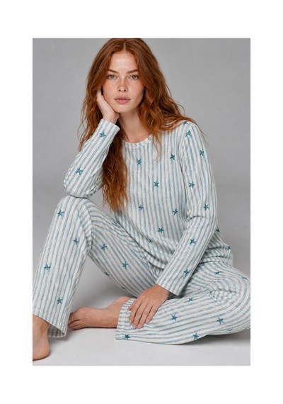 Fit Women Kadın Desenli Nefes Alan Mavi Pijama Takımı 4699