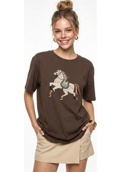 Shade Kadın Figürlü Nakış Ve Boncuk Detaylı Oversize T-shirt 2222 60286121 - Kahverengi