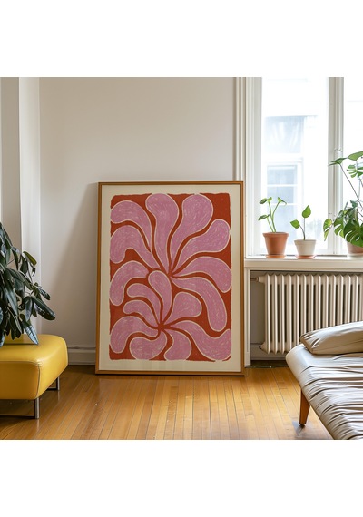 Pembe Paslı Girdap Baskılı Soyut Botanik Duvar Sanatı, Çiçek Yaprağı Desenli Poster, Turuncu Oturma Odası Dekorasyonu