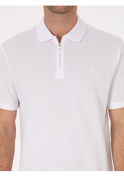 Beyaz Regular Fit %100 Pamuk Fermuarlı Polo Yaka T-shirt