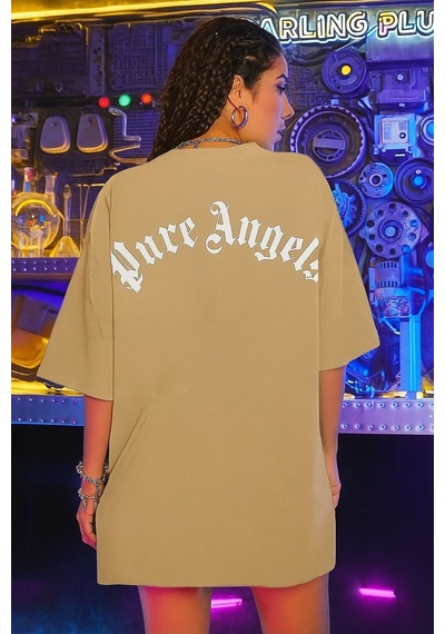 Oversize Pure Angels Baskılı T-shirt Taş
