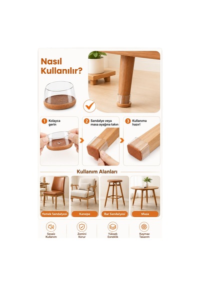 Yuvarlak Silikon Keçeli Sandalye Ve Masa Ayağı Pabucu 4'lü Set Medium " 3,8-4,1 Cm " Altın