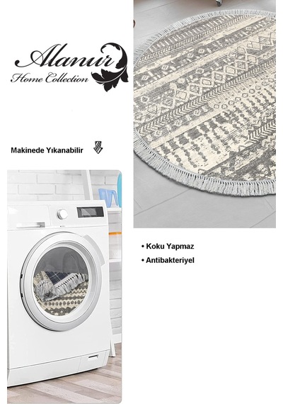 Dekoreko Kaymaz Taban Djt Mutfak Halısı Star Pamuk Saçaklı Yuvarlak Iskandinav F5080 gri