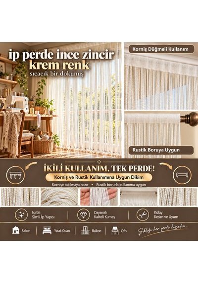 İp Perde Özel Seri İnce Zincir Krem Renk En 100 Cm Boy 300 Cm Korniş Ve Rustik Kullanım