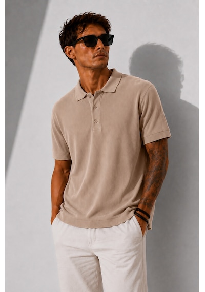 Ribana Erkek Kısa Kollu Fitilli Yarım Düğme Kapama Polo Yaka T-shirt 26001 A.kahve