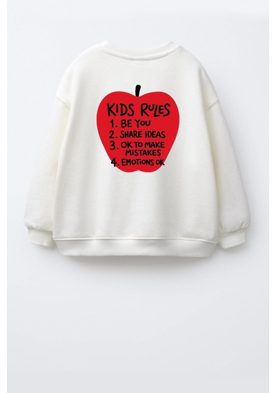Monila Unisex Çocuk Sırtı Elma Baskılı 3 İplik Kumaş Pamuklu Sweatshirt Ekru