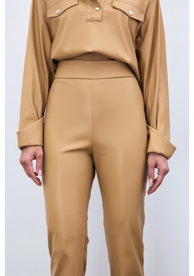 Sateen Yüksek Bel Deri Pantolon - Bej-135288 Bej