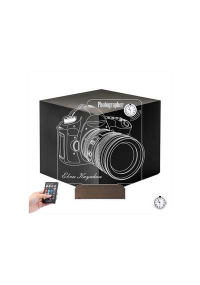 Luvivia Fotoğraf Makinesi Slr Fotoğrafçı Kişiye Özel Metal Saatli 3d Lamba - Masa Gece Lambası Şeffaf