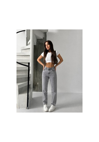 Bluemarlin Gri Kar Yüksek Bel Ön Bacak Taşlı Mom Jeans Kot Pantolon Gri Kar