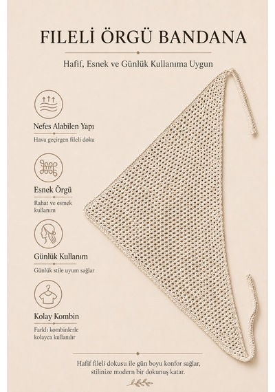 Krem Fileli Örgü Bandana Kadın Bağlamalı Saç Bandı Hafif Esnek Günlük Bandana Krem - 884327932 Krem