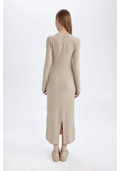 DeFacto Bodycon Vücudu Saran Bisiklet Yaka Basic Düz Kaşkorse Uzun Kollu Maxi Elbise D3373AX24WNBG123 Bej