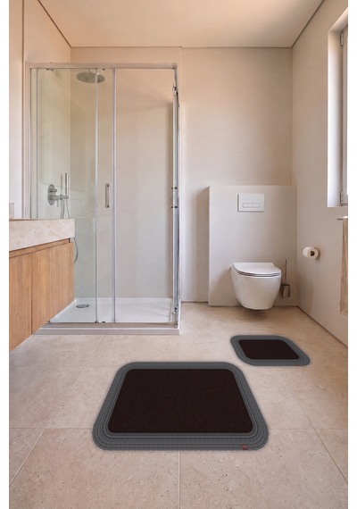 Banyo Paspası Takımı 70x110+50x70 Cm Düz Acı Kahve & Antrasit