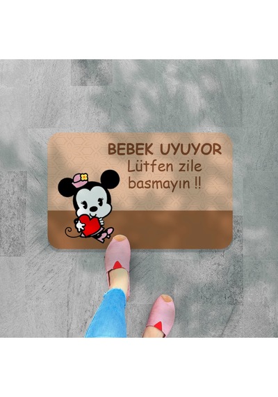 Bebek Uyuyor Yazılı Dekoratif Dış Kapı Önü Ve Iç Mekan Paspası Yıkanabilir Kahverengi