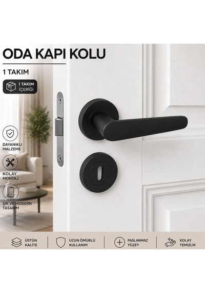 5 Takım Set Kayı Mat Siyah Rozetli Oda Kapı Kolu Sağa Sola Uyumlu Modern Kapı Takımı Kolları