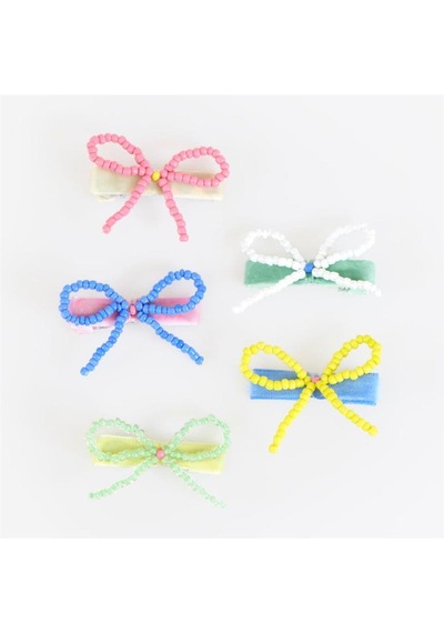 Meri Meri - Beaded Bow Hair Clips - Boncuklu Fiyonklu Saç Tokaları - 5 Adet Çok Renkli