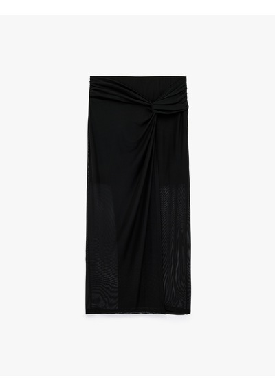 Koton Slim Fit Düğüm Detaylı Kruvaze Tül Midi Pareo Etek Siyah 7wak10038ek