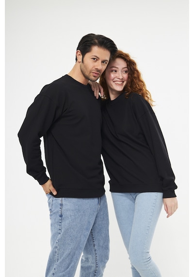 Unisex Siyah Waffle Kumaş Rahat Oversize Basic Sweatshirt Siyah