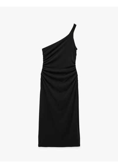 Koton Slim Fit Aksesuar Detaylı Tek Omuz Midi Elbise Siyah 7wak80003uk
