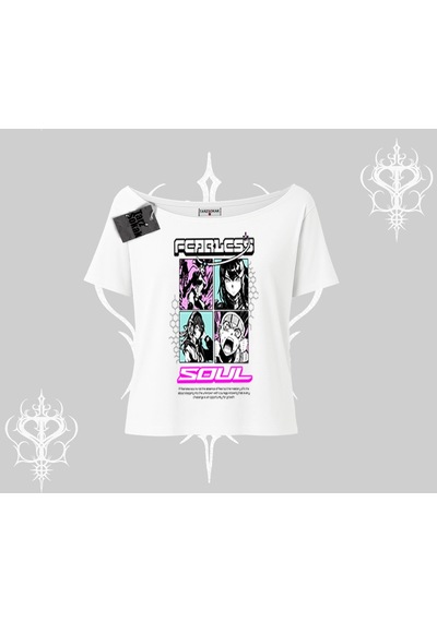Startmore Startmore Kayık Yaka Tshirt Fearless Soul Anime Kolaj Baskılı Beyaz