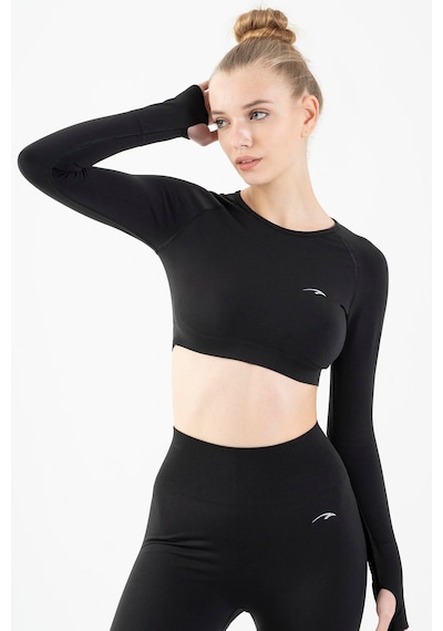 Maraton Active Slimfit Kadın Bisiklet Yaka Uzun Kol Training Siyah Crop Top 816005 SIYAH Siyah