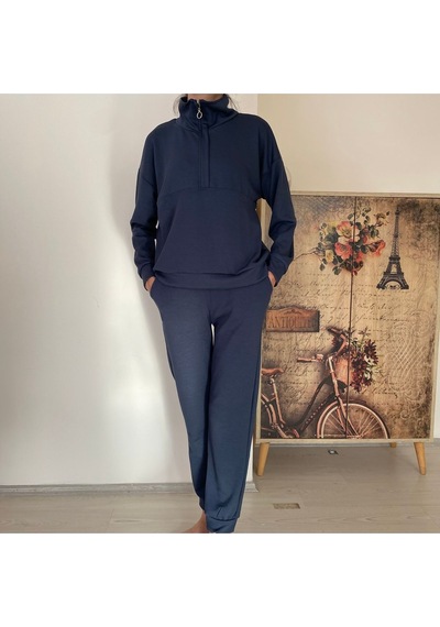 Bluety Kadın Model Kumaş Uzun Kollu Takım İndigo
