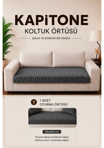 Tek Parça Kaymaz Taban Kapitone Koltuk Örtüsü Çekyat Kanepe Örtüsü 90x200 Füme Füme